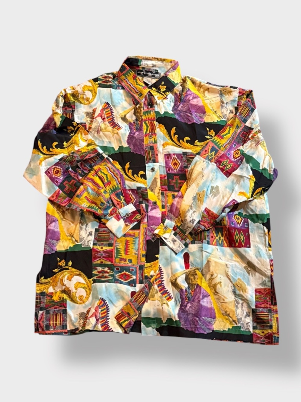 Vintage Woman's New York News Button Down Shirt Native Tribal Print 100% Silk